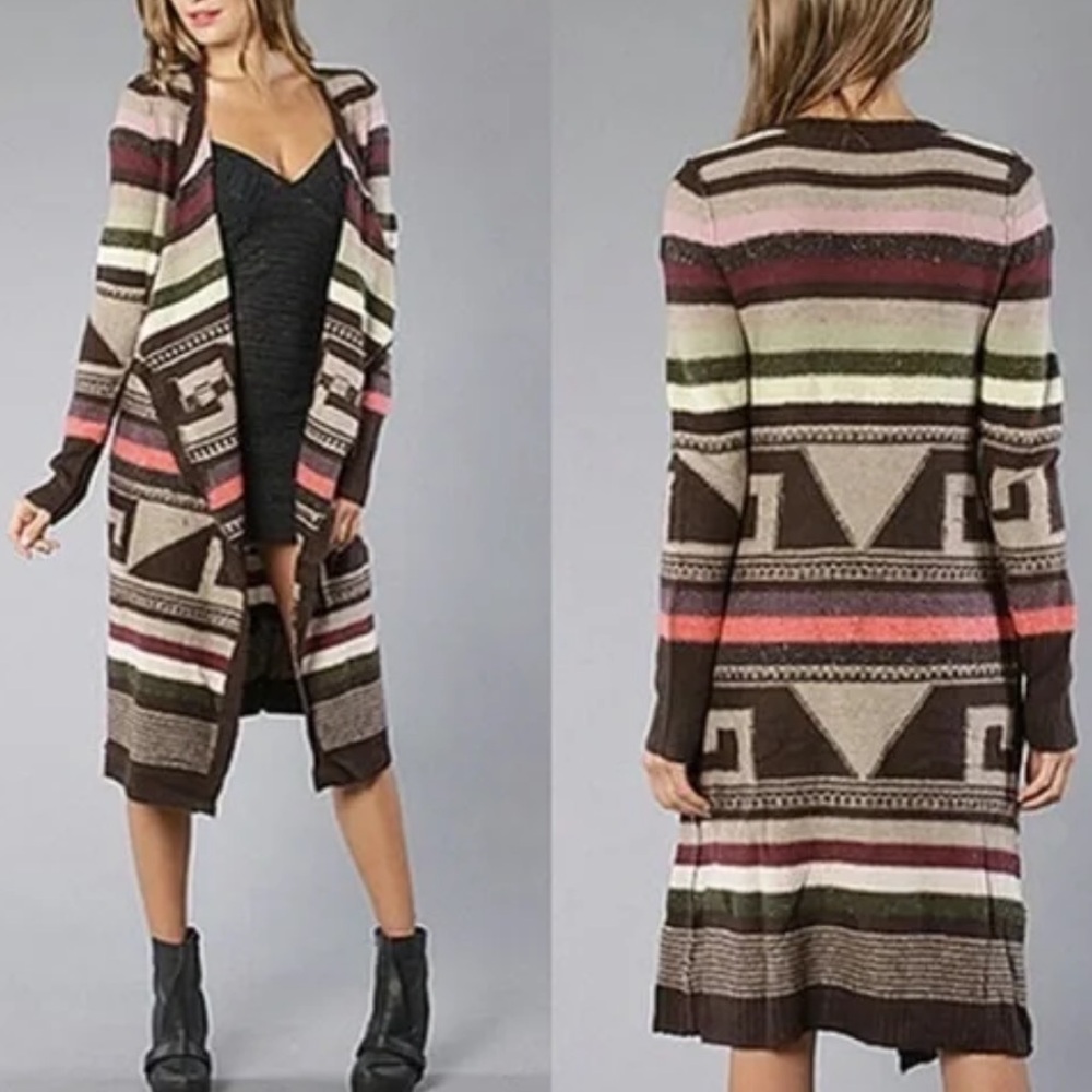 Free People Size Medium Duster Cardigan Aztec Southwestern Wool Blend Boho